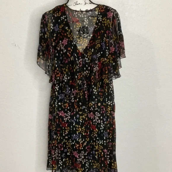 512- See By Chloe Black Floral Sheer Silk Dress, Size 2 (36)